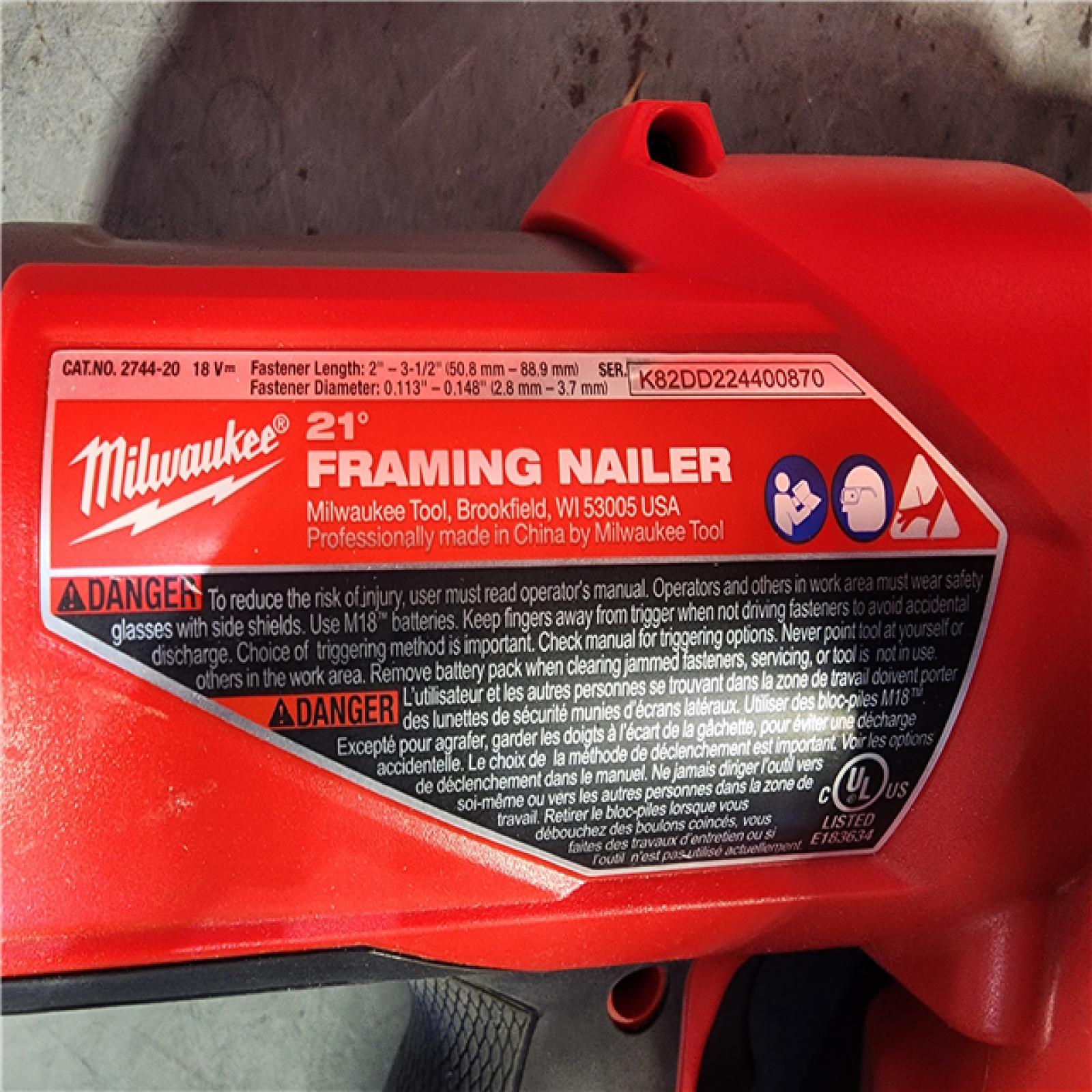 HOUSTON LOCATION - AS-IS (APPEARS LIKE NEW) Milwaukee 2744-20 M18 FUEL 21-Degree Cordless Framing Nailer (Tool Only)