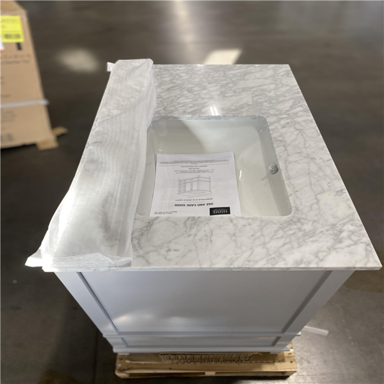 DALLAS LOCATION - Home Decorators Collection Merryfield 37 in W x 22 in D x 35 in H Single Sink Freestanding Bath Vanity in Dove Grey With White Carrara Marble Top