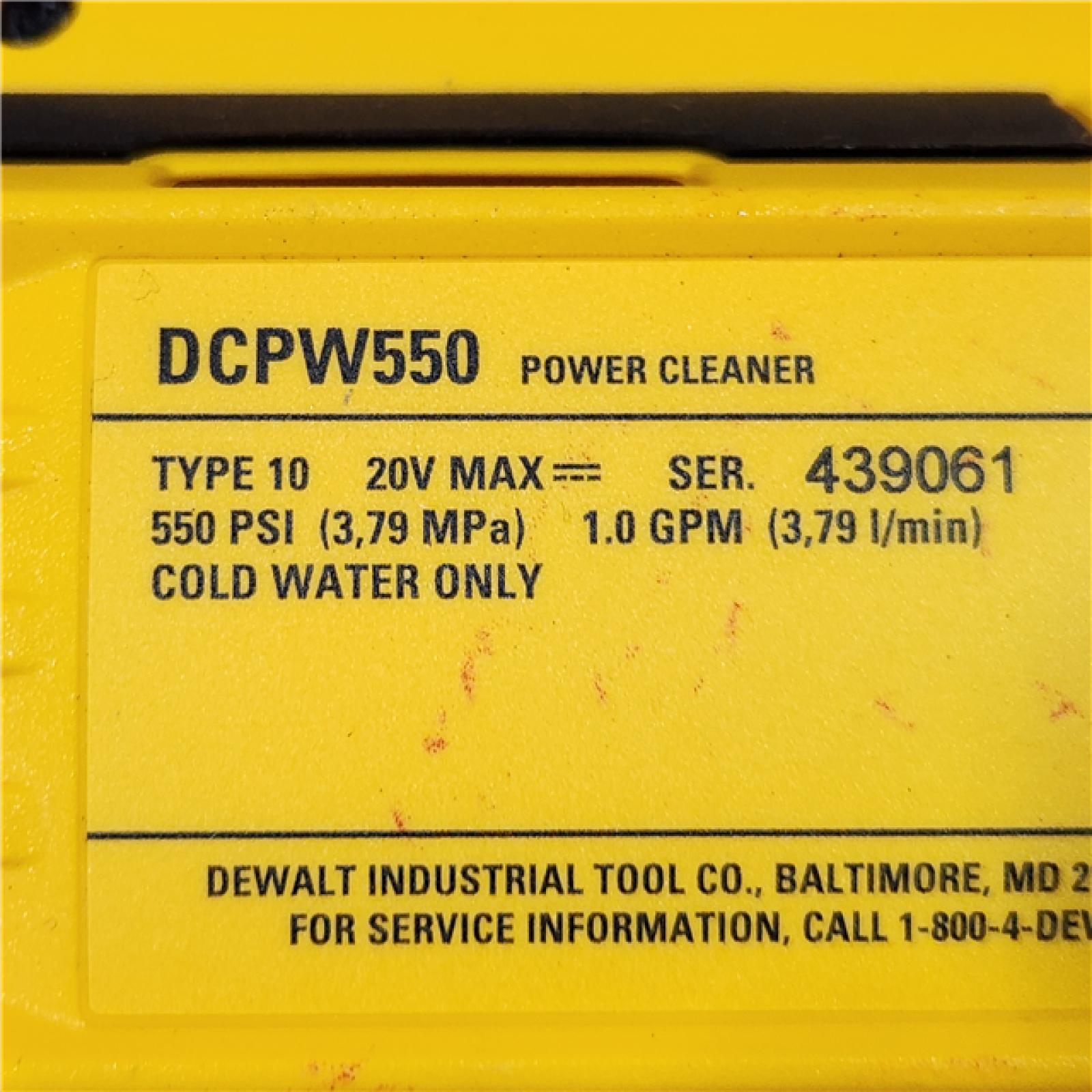 AS-IS DEWALT 20V MAX 550 PSI 1.0 GPM Cold Water Cordless Battery Power Cleaner with 4 Nozzles Kit