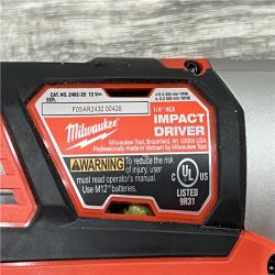 AS-IS Milwaukee 2494-22 M12 Cordless Combination 3/8  Drill / Driver and 1/4  Hex Impact Driver Dual Power Tool Kit (2 Lithium Ion Batteries  Charger  and B