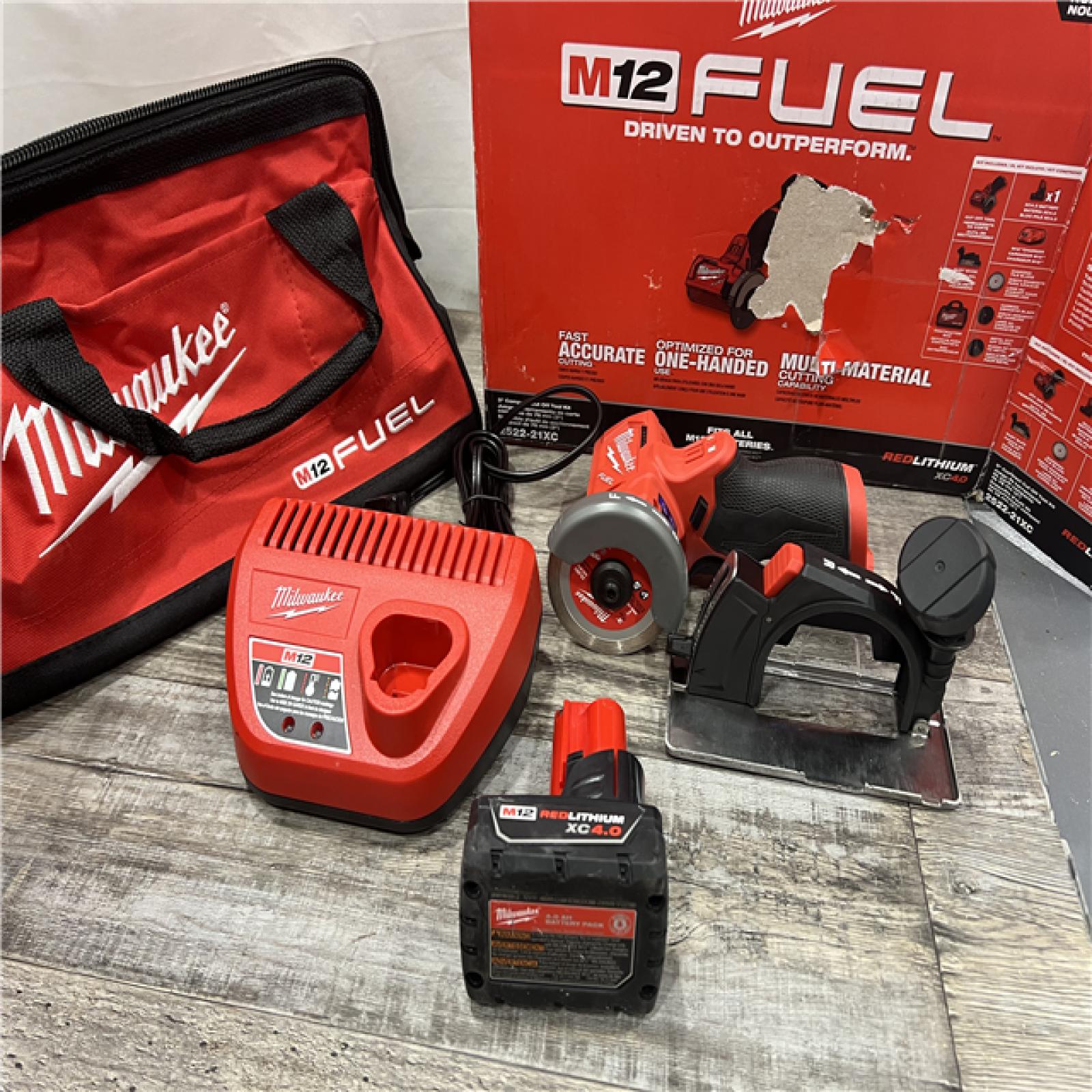 AS-IS MILWAUKEE M12 FUEL 12V 3 in. Lithium-Ion Brushless Cordless Cut Off Saw Kit with One 4.0 Ah Battery Charger and Bag