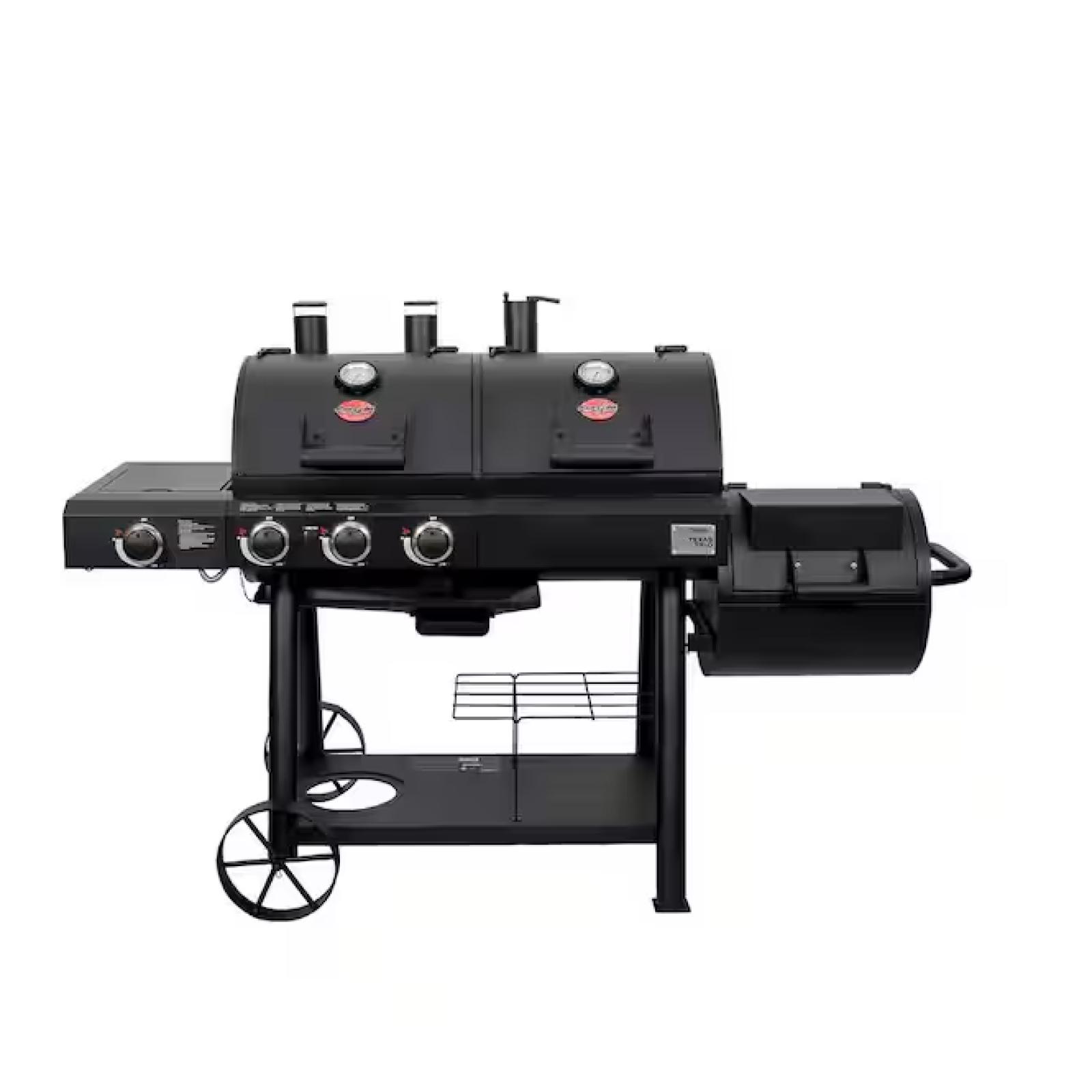 DALLAS LOCATION - Char-Griller Texas Trio 4-Burner Dual Fuel Grill with Smoker in Black