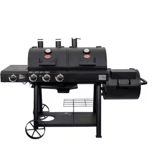 DALLAS LOCATION - Char-Griller Texas Trio 4-Burner Dual Fuel Grill with Smoker in Black