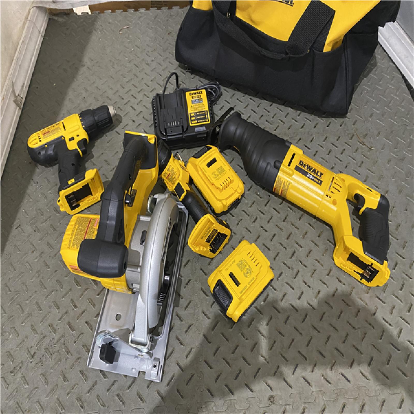 Houston location AS-IS DEWALT 20V MAX Cordless 4 Tool Combo Kit with (1) 20V 4.0Ah Battery, (1) 20V 2.0Ah Battery, and Charger