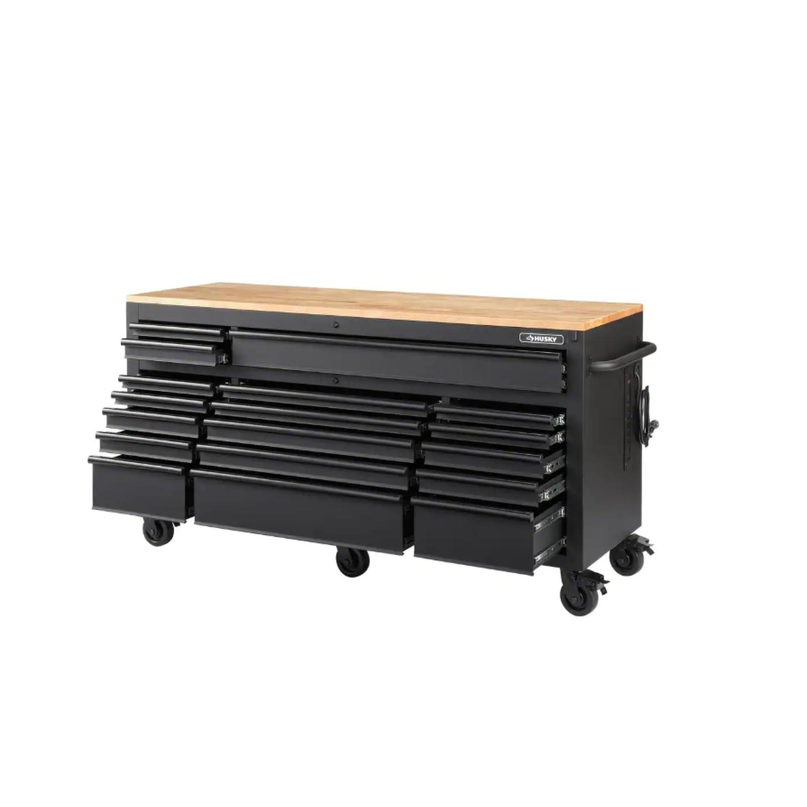 DALLAS LOCATION-Husky 72 in. W x 24 in. D Heavy Duty 18-Drawer Mobile Workbench Cabinet with Adjustable-Height Hardwood Top in Matte Black PALLET - (2 UNITS)