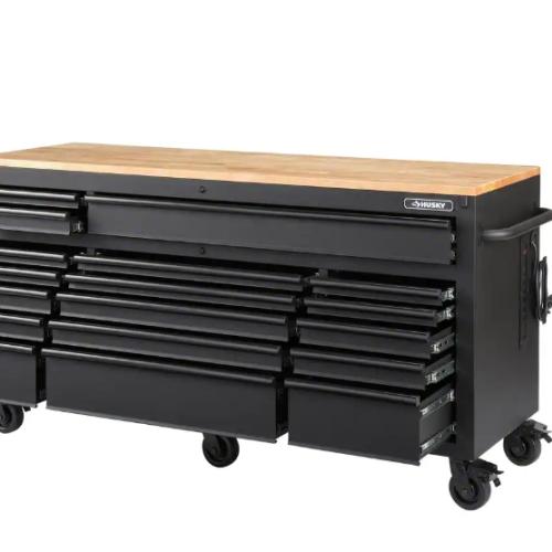 DALLAS LOCATION-Husky 72 in. W x 24 in. D Heavy Duty 18-Drawer Mobile Workbench Cabinet with Adjustable-Height Hardwood Top in Matte Black PALLET - (2 UNITS)