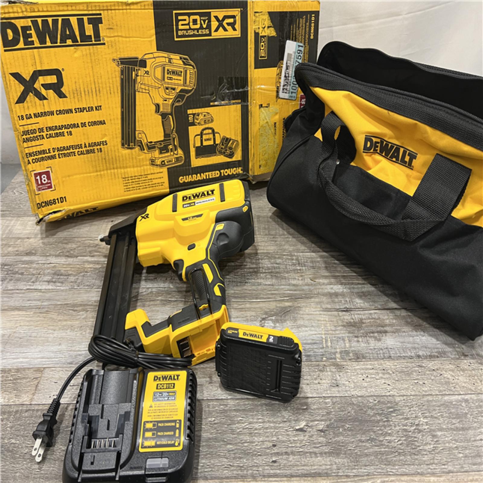 AS-IS DEWALT 20V MAX XR Lithium-Ion Cordless 18-Gauge Narrow Crown Stapler Kit with 2.0Ah Battery, Charger and Contractor Bag