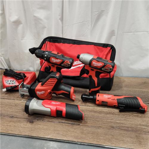 AS IS MILWAUKEE M12 12V Lithium-Ion Cordless Combo Kit (5-Tool) with Two 1.5Ah Batteries, Charger & Tool Bag