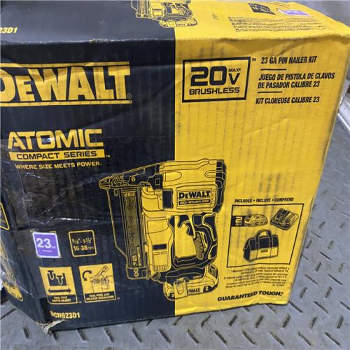 Houston location AS-IS DEWALT ATOMIC 20V MAX Lithium Ion Cordless 23 Gauge Pin Nailer Kit with 2.0Ah Battery and Charger