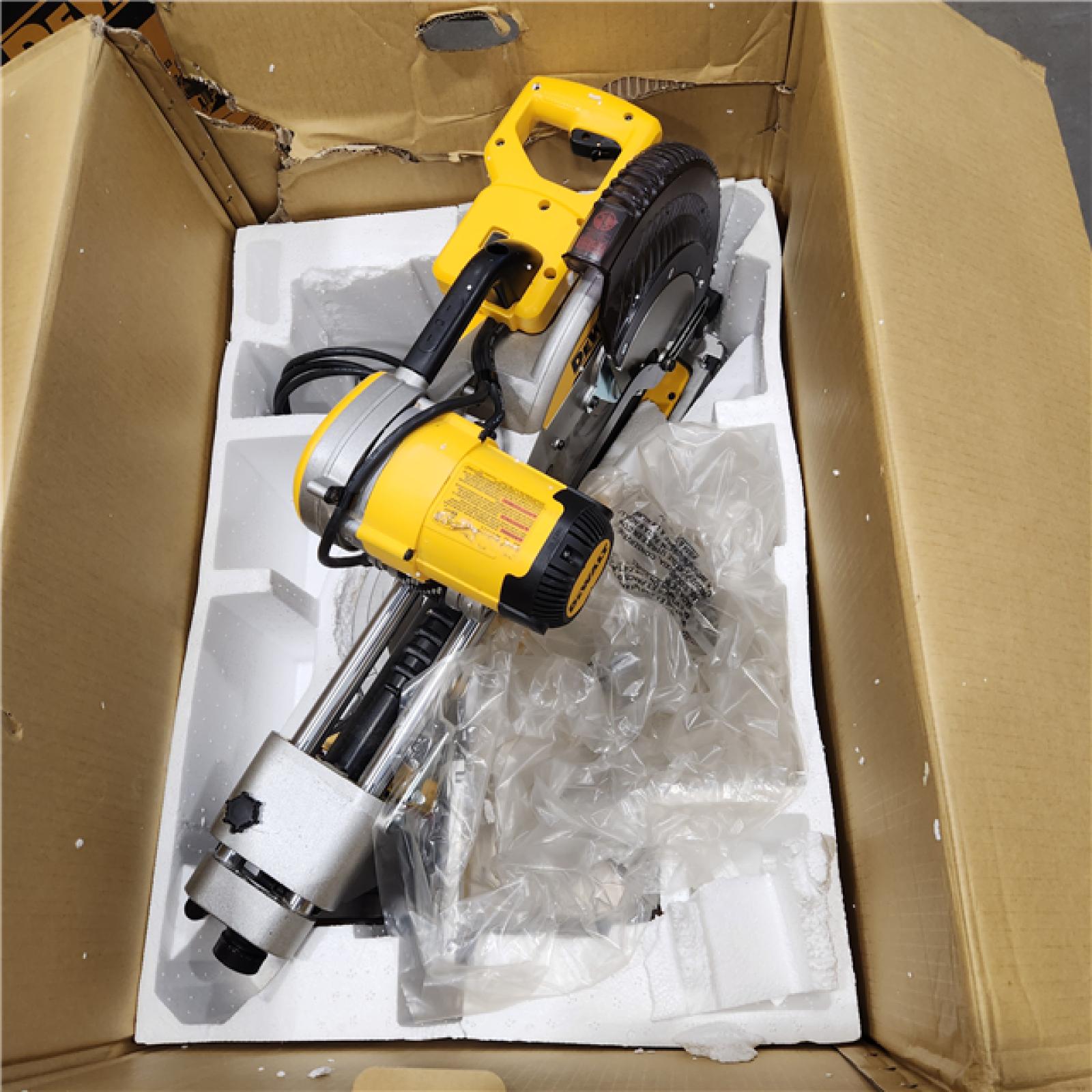 AS-IS DEWALT 15 Amp Corded 12 in. Double Bevel Sliding Compound Miter Saw with XPS Technology, Blade Wrench and Material Clamp