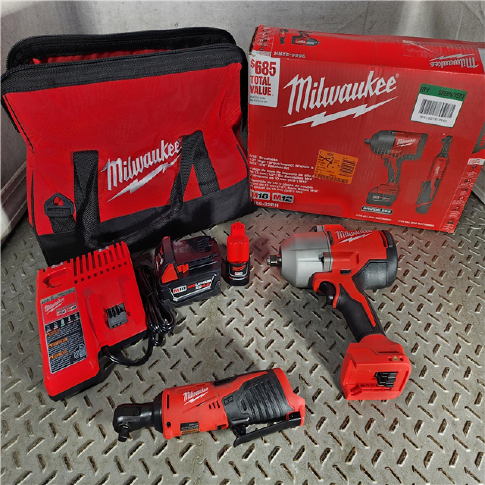 HOUSTON LOCATION - AS-IS M12/M18 12/18V Lithium-Ion Cordless 3/8 in. Ratchet and 1/2 in. High Torque Impact Wrench with Friction Ring Combo Kit