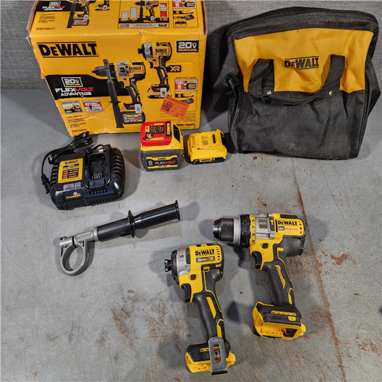 HOUSTON LOCATION - AS-IS DEWALT 20V MAX Cordless Brushless Hammer Drill/Driver 2 Tool Combo Kit with FLEXVOLT ADVANTAGE