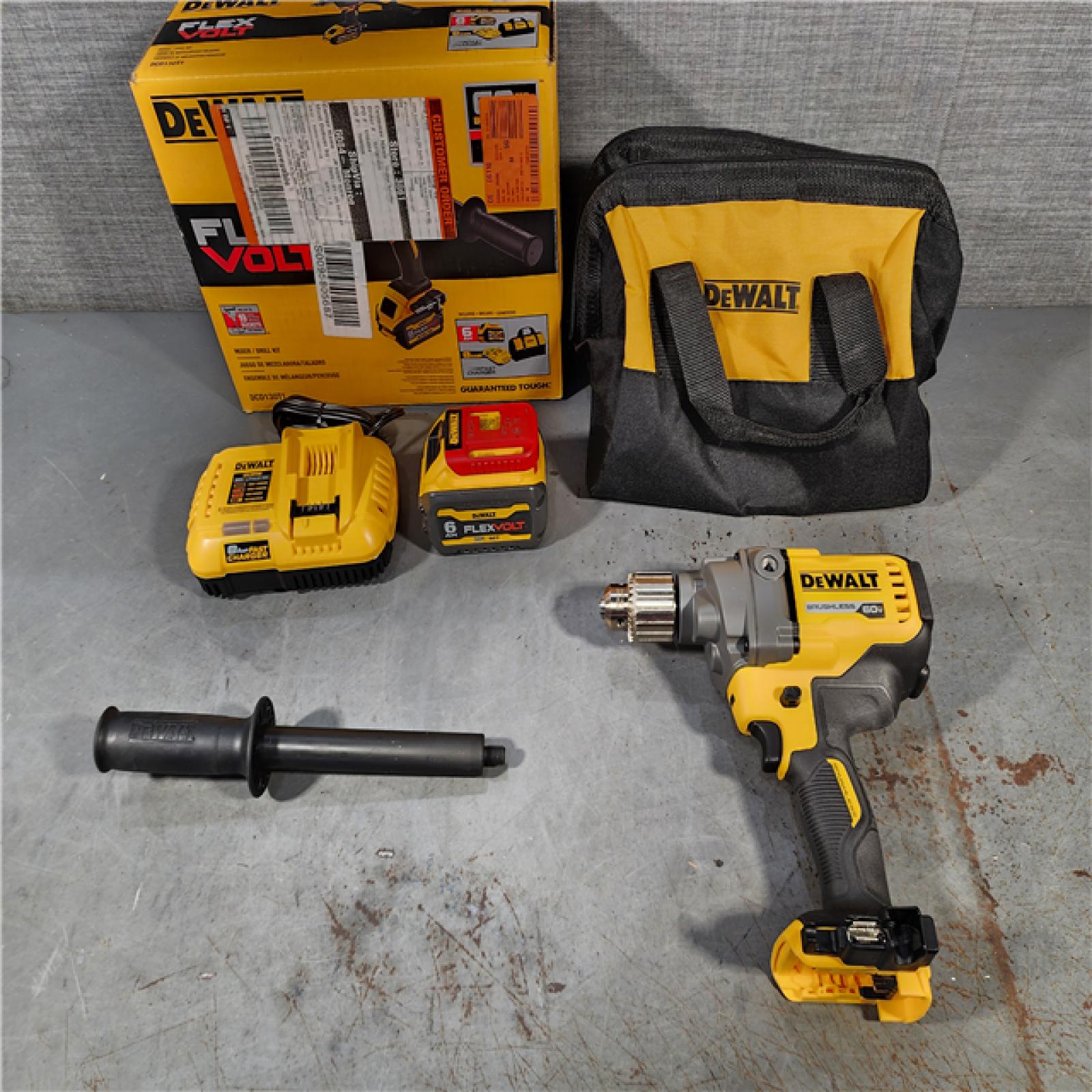 HOUSTON LOCATION - AS-IS DEWALT FLEXVOLT 60V MAX Cordless Brushless 1/2 in. Concrete Mud Mixer/Drill with E-Clutch and (1) FLEXVOLT 6.0Ah Battery