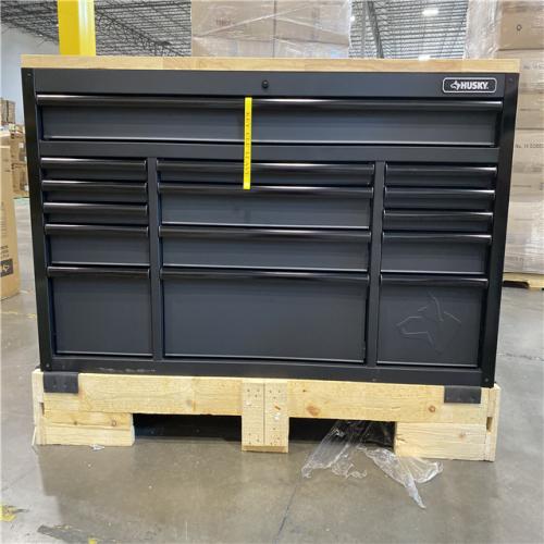 DALLAS LOCATION -Husky 61 in. W x 23 in. D Heavy Duty 15-Drawer Mobile Workbench Tool Chest with Solid Wood Top in Matte Black