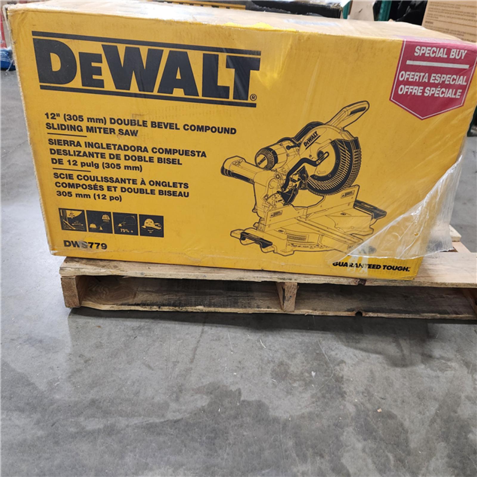 Dallas Location - NEW- DEWALT 15 Amp Corded 12 in. Double Bevel Sliding Compound Miter Saw, Blade Wrench and Material Clamp