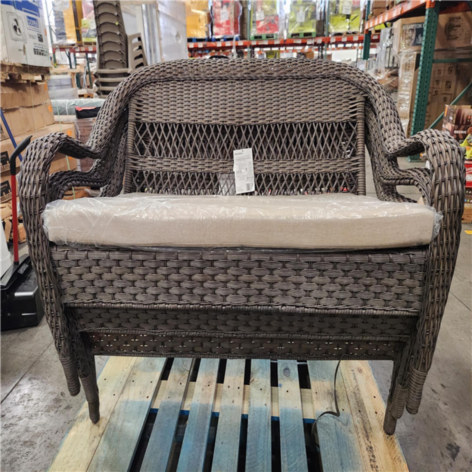 Phoenix Location StyleWell Mix and Match Brown Wicker Outdoor Patio Loveseat with Beige Cushions