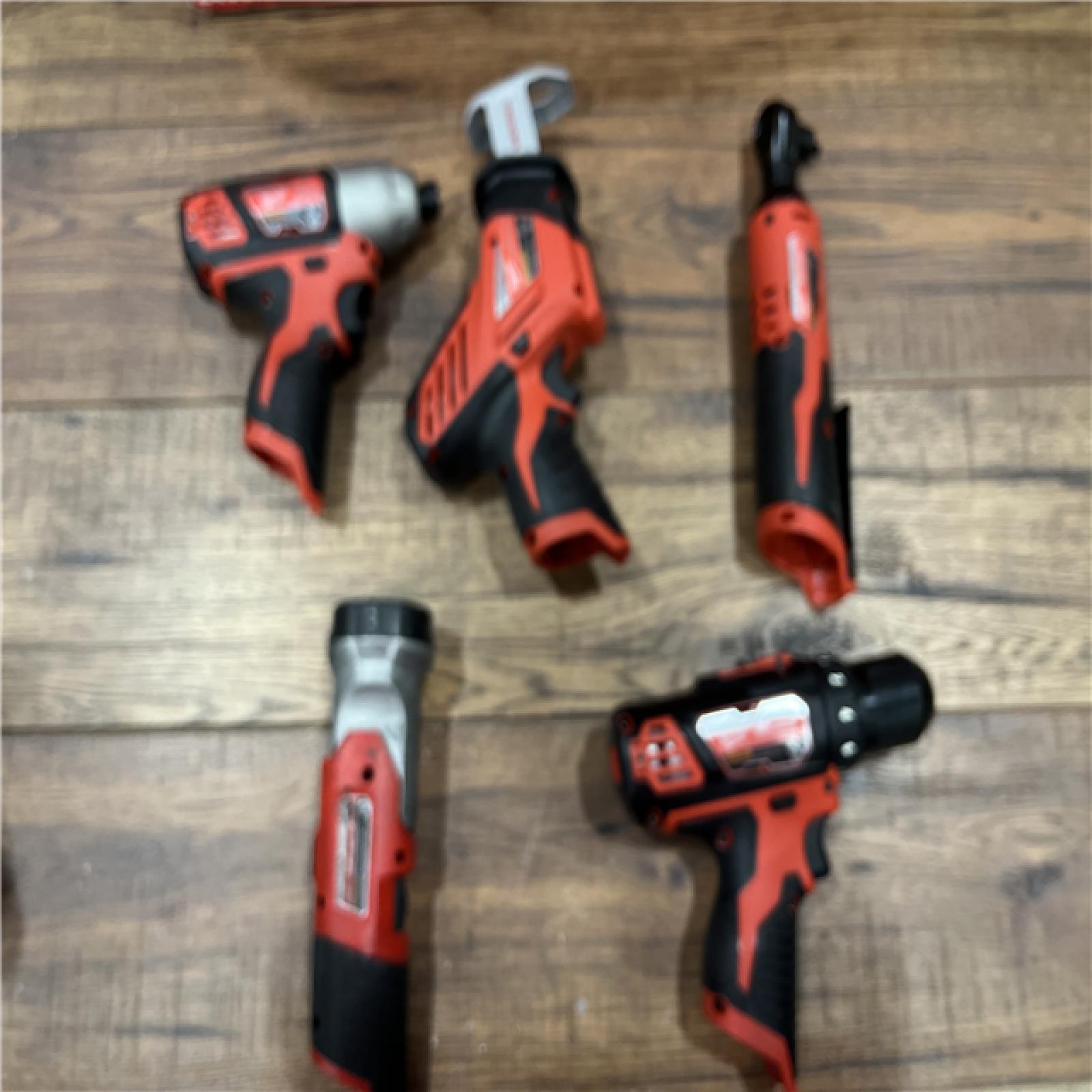 AS-IS MILWAUKEE M12 12V Lithium-Ion Cordless Combo Kit (5-Tool) with Two 1.5Ah Batteries, Charger & Tool Bag