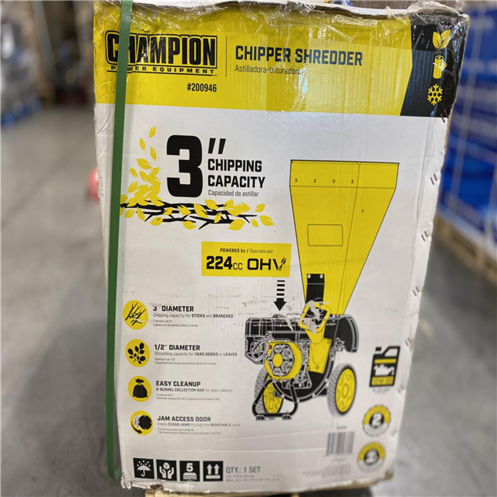 DALLAS LOCATION - Champion Power Equipment 3 in. Dia 224 cc 2-in-1 Upright Gas Powered Wood Chipper Shredder