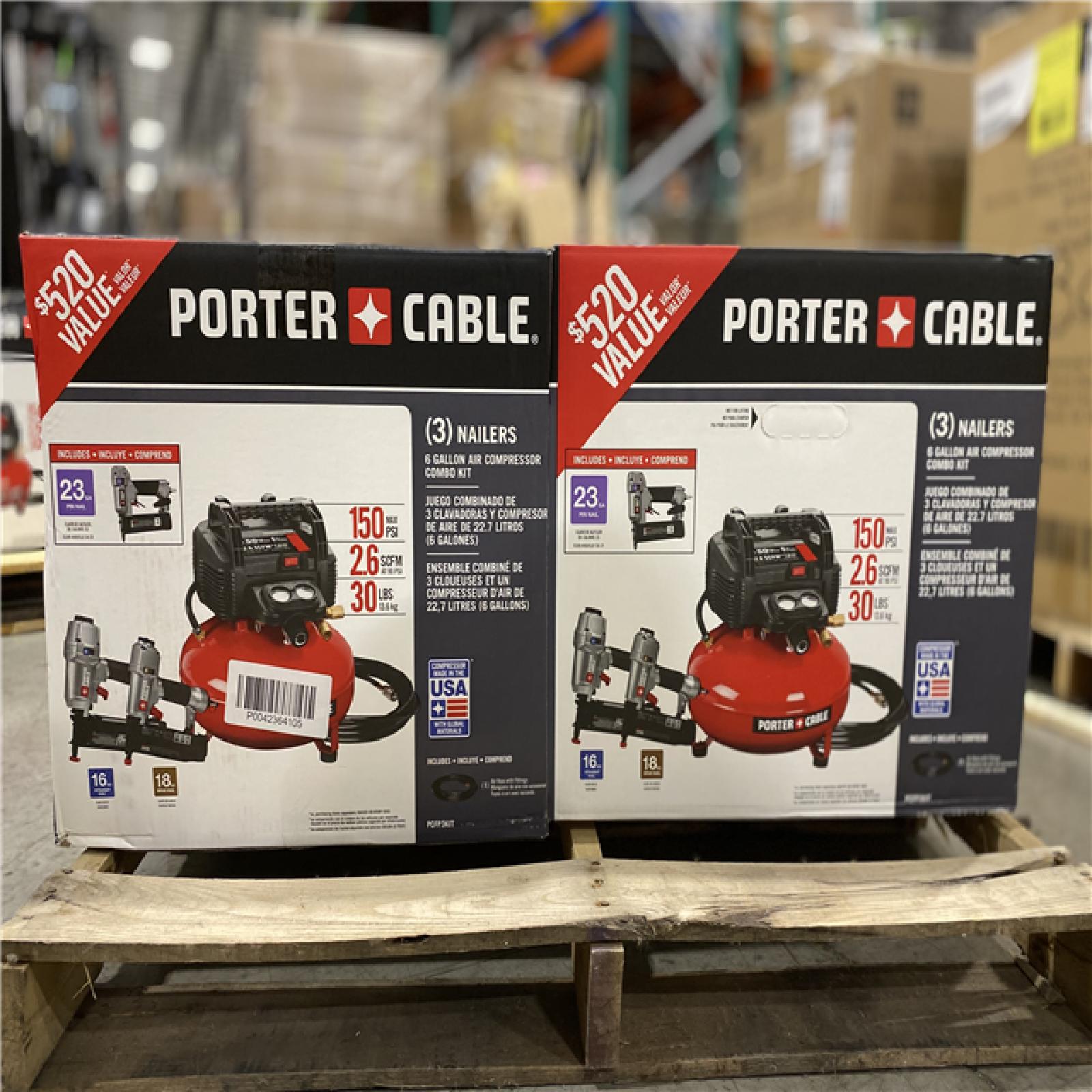 DALLAS LOCATION - Porter-Cable 6 Gal. Portable Electric Air Compressor with 16-Gauge, 18-Gauge and 23-Gauge Nailer 3 Tool Combo Kit PALLET - (4 UNITS)