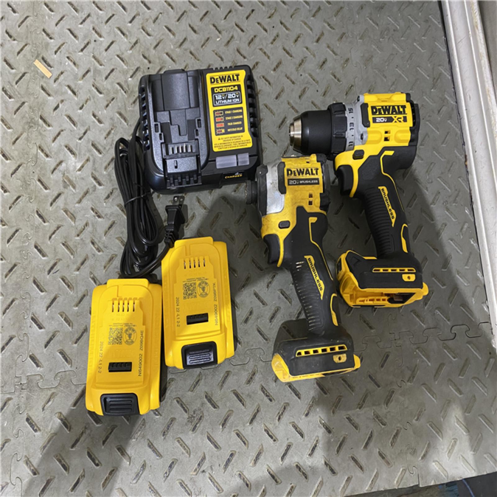 Houston location AS-IS DEWALT 20V MAX XR Cordless Drill/Driver, ATOMIC Impact Driver 2 Tool Combo Kit, (2) 2.0Ah Batteries, Charger, and Bag