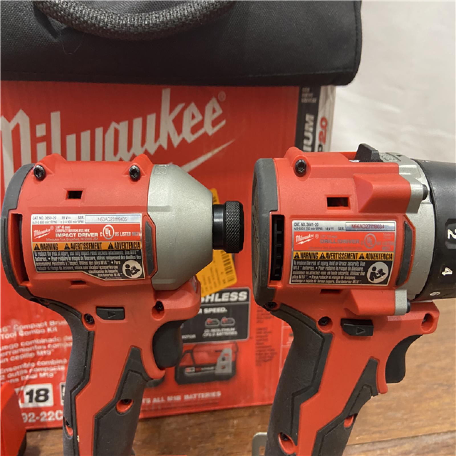 AS-IS Milwaukee18V Lithium-Ion Brushless Cordless Compact Drill/Impact Combo Kit (2-Tool) W/(2) 2.0 Ah Batteries, Charger & Bag