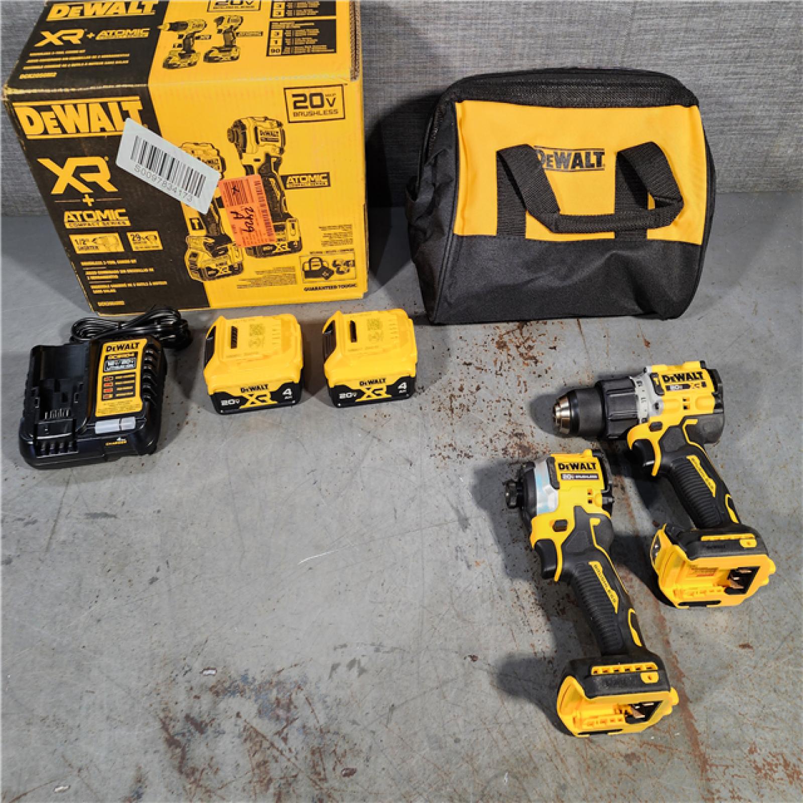 HOUSTON LOCATION - AS-IS DEWALT 20V MAX XR Hammer Drill and ATOMIC Impact Driver 2 Tool Cordless Combo Kit with (2) 4.0Ah Batteries, Charger, and Bag