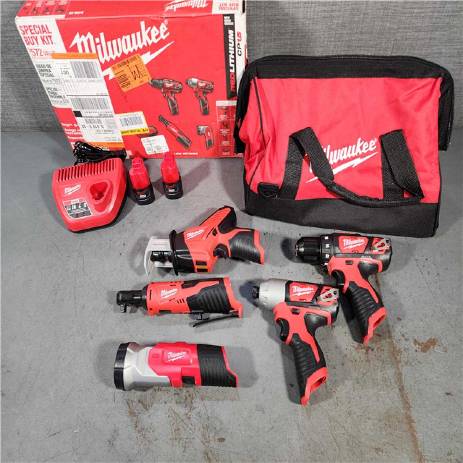 HOUSTON LOCATION - AS-IS (APPEARS LIKE NEW) MILWAUKEE M12 12V Lithium-Ion Cordless Combo Kit (5-Tool) with Two 1.5Ah Batteries, Charger & Tool Bag