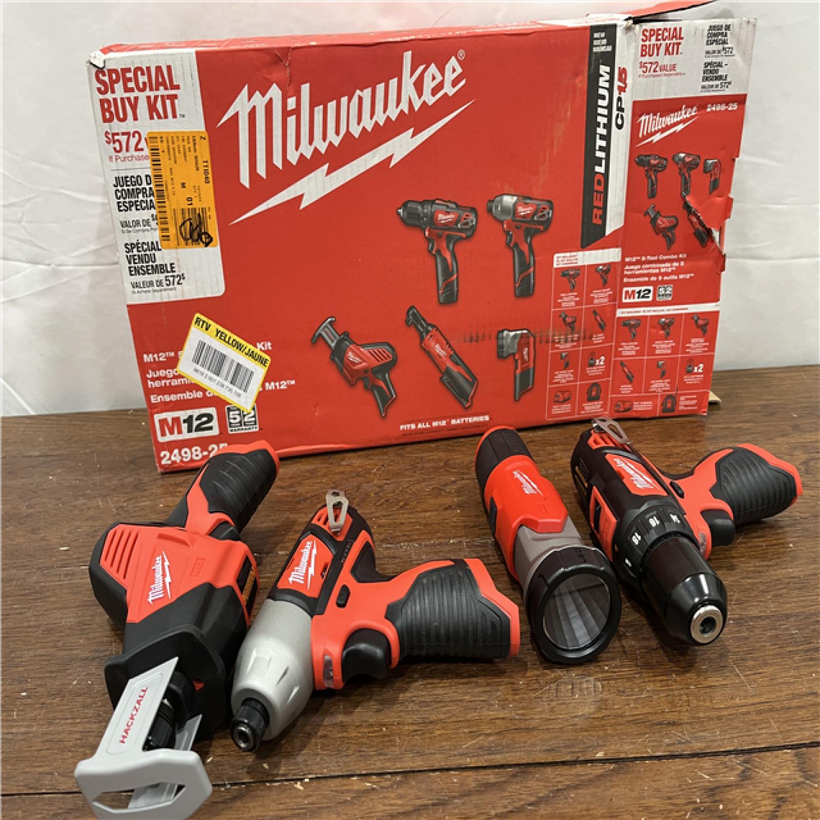 AS-ISMILWAUKEE M12 12V Lithium-Ion Cordless Combo Kit (5-Tool) with Two 1.5Ah Batteries, Charger & Tool Bag