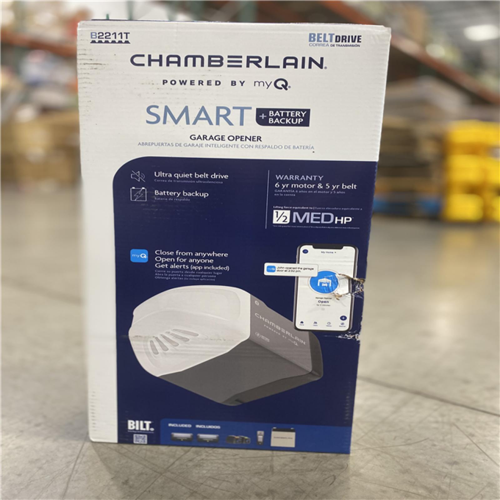 NEW! - Chamberlain B2211T 1/2 HP Smart Quiet Belt Drive Garage Door Opener with Battery Backup