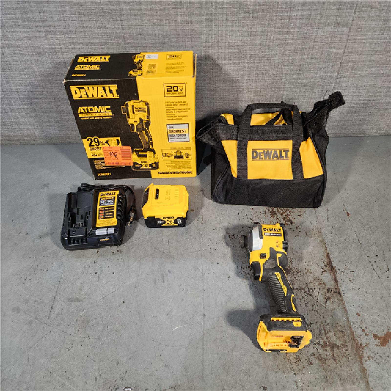 HOUSTON LOCATION - AS-IS DEWALT ATOMIC 20V MAX Lithium-Ion Cordless 1/4 in. Brushless Impact Driver Kit, 5 Ah Battery, Charger, and Bag