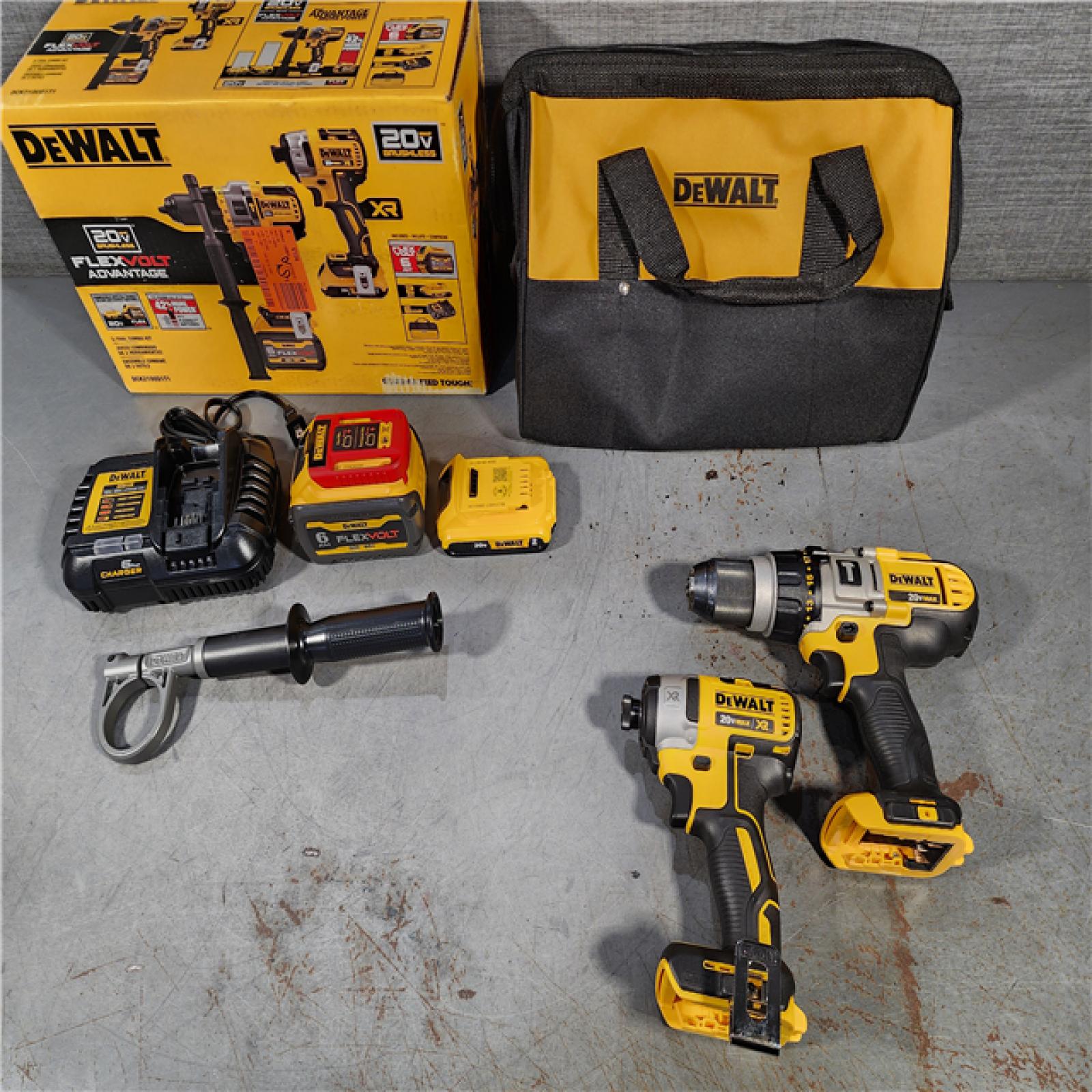 HOUSTON LOCATION - AS-IS (APPEARS LIKE NEW) DEWALT 20V MAX Cordless Brushless Hammer Drill/Driver 2 Tool Combo Kit with FLEXVOLT ADVANTAGE