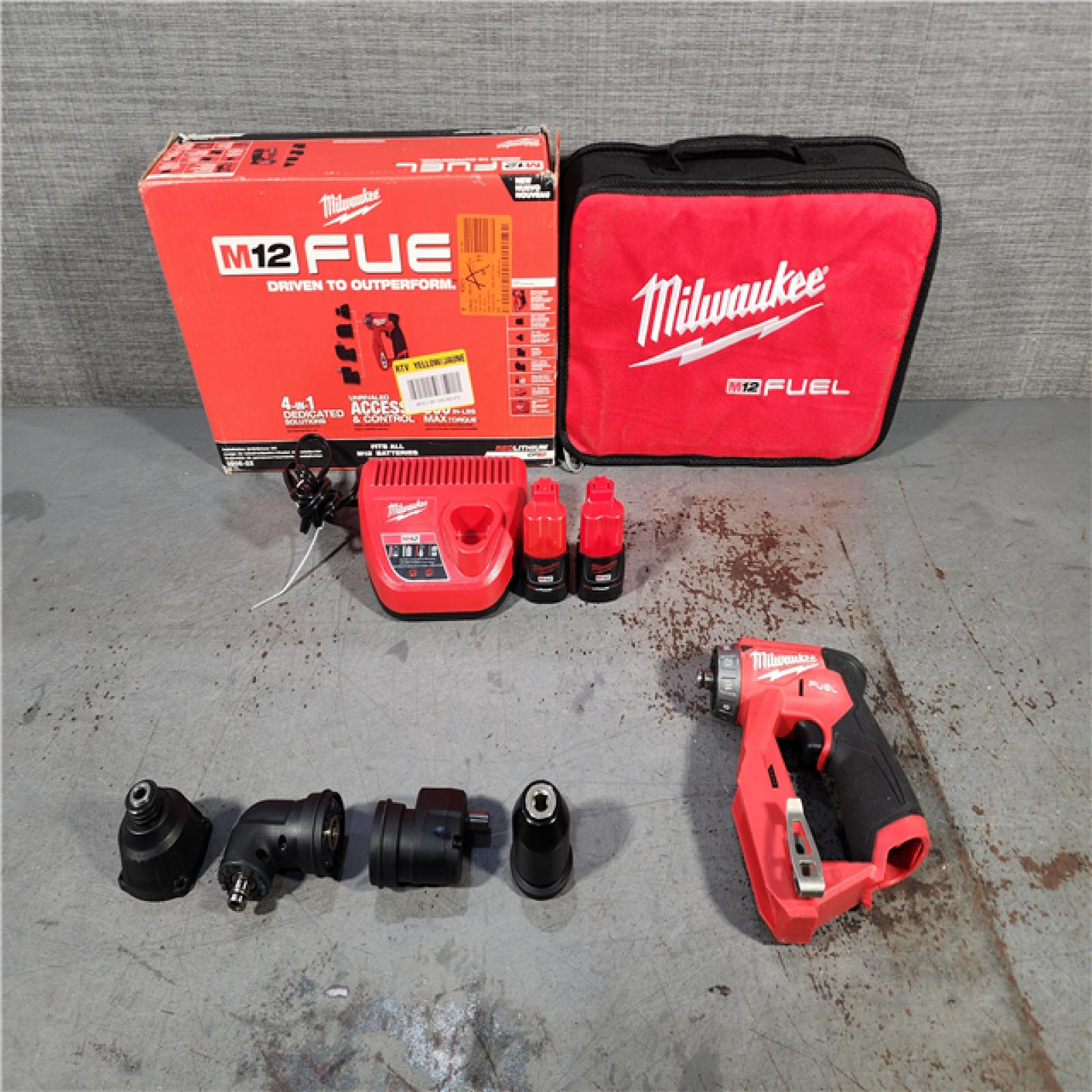 HOUSTON LOCATION - AS-IS Milwaukee M12 FUEL 12V Lithium-Ion Brushless Cordless 4-in-1 Installation 3/8 in. Drill Driver Kit with 4-Tool Heads