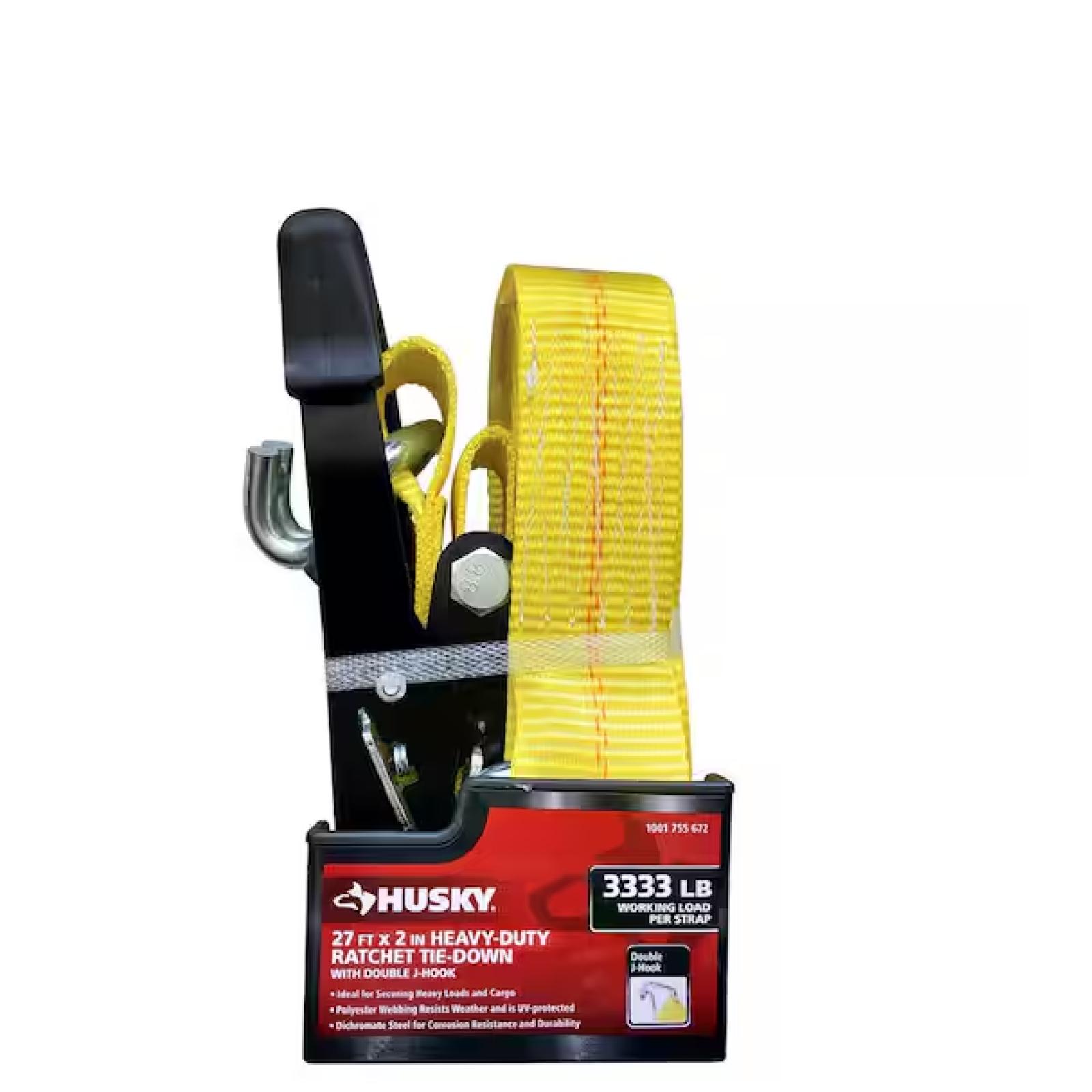 DALLAS LOCATION - Husky 27 ft. x 2 in. Heavy-Duty Ratchet Tie-Down Strap with J Hook -(6 UNITS)