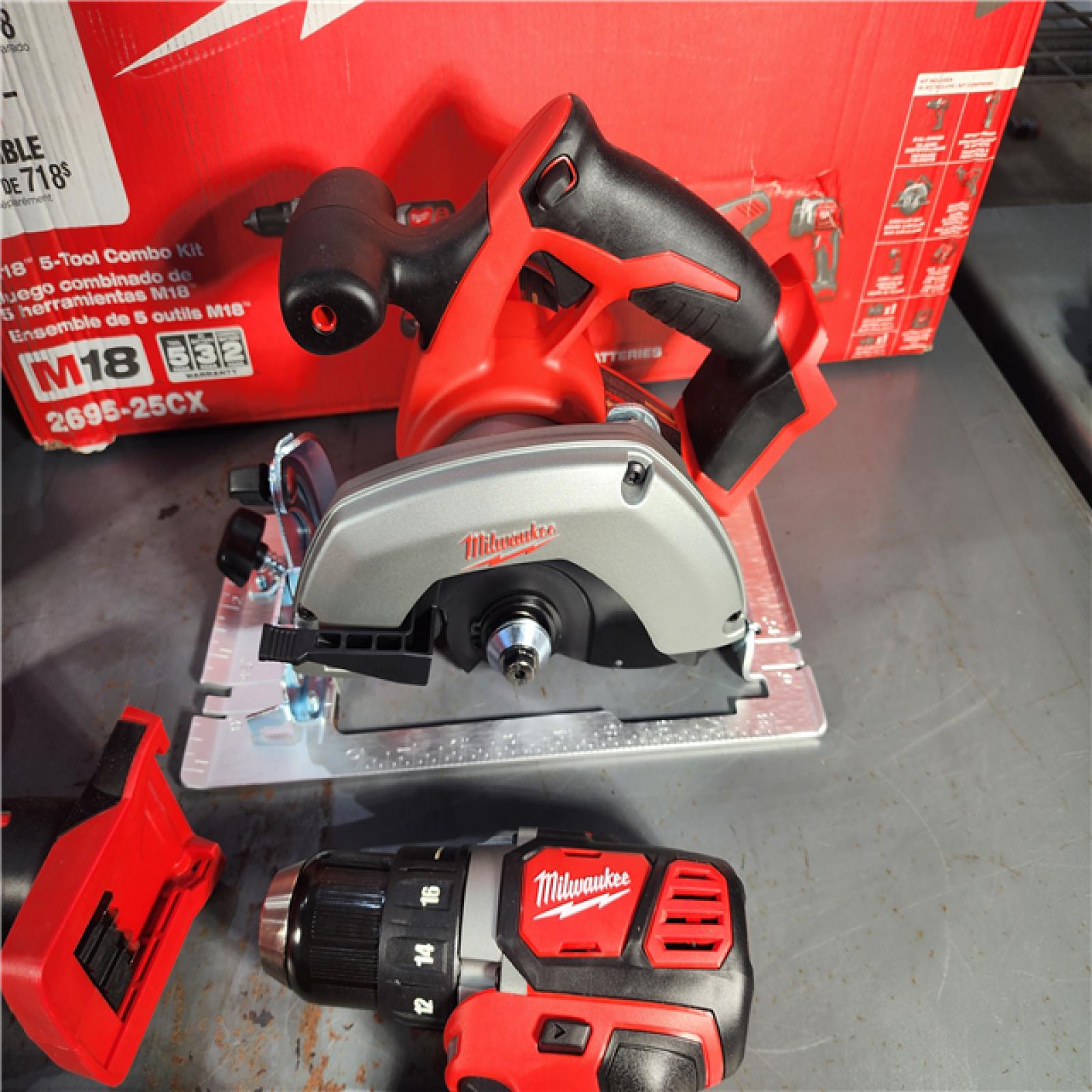 HOUSTON LOCATION - AS-IS (APPEARS LIKE NEW) Milwaukee M18 18-Volt Lithium-Ion Cordless Combo Tool Kit (5-Tool) with (1) 3.0Ah and (1) 1.5Ah Battery, (1) Charger, (1) Tool Bag