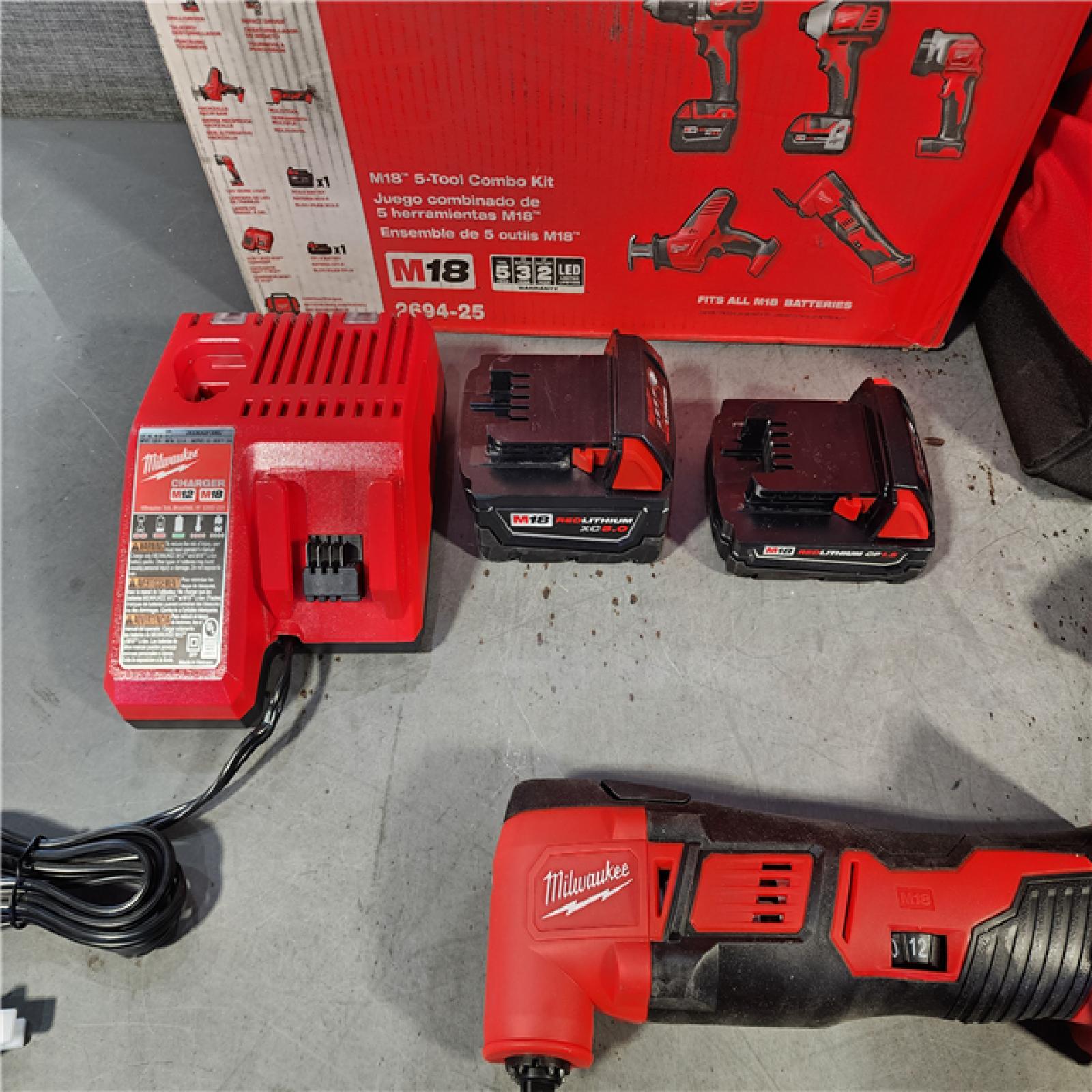 HOUSTON LOCATION - AS-IS M18 18V Lithium-Ion Cordless Combo Kit (5-Tool) with (2) Batteries, Charger and Tool Bag