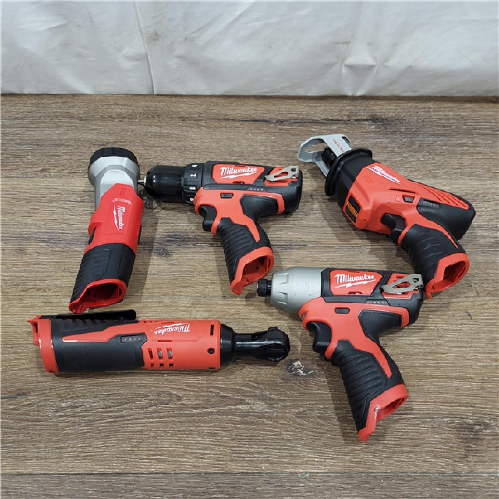 AS-IS MILWAUKEE M12 12V Lithium-Ion Cordless Combo Kit (5-Tool) with Two 1.5Ah Batteries, Charger & Tool Bag