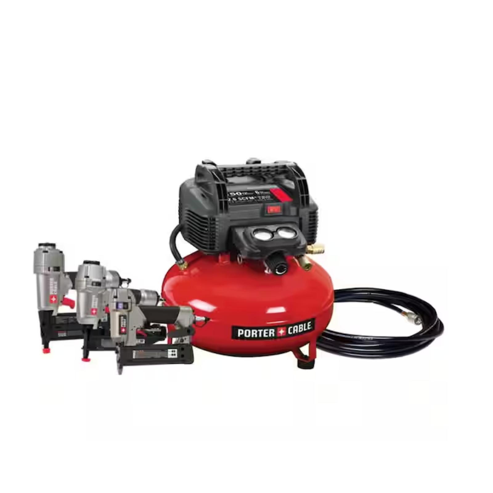 DALLAS LOCATION - Porter-Cable 6 Gal. Portable Electric Air Compressor with 16-Gauge, 18-Gauge and 23-Gauge Nailer 3 Tool Combo Kit PALLET - (4 UNITS)