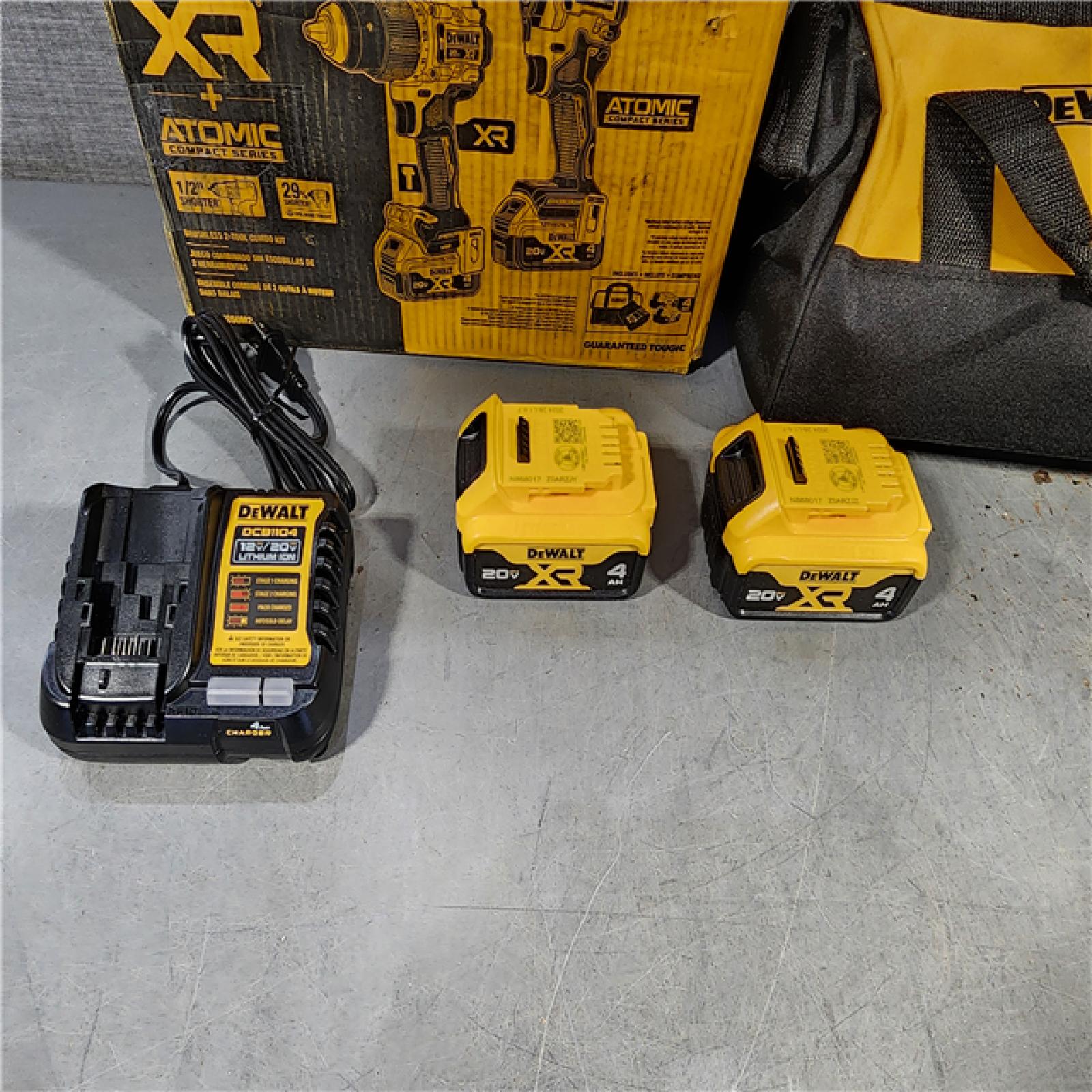 HOUSTON LOCATION - AS-IS DEWALT 20V MAX XR Hammer Drill and ATOMIC Impact Driver 2 Tool Cordless Combo Kit with (2) 4.0Ah Batteries, Charger, and Bag