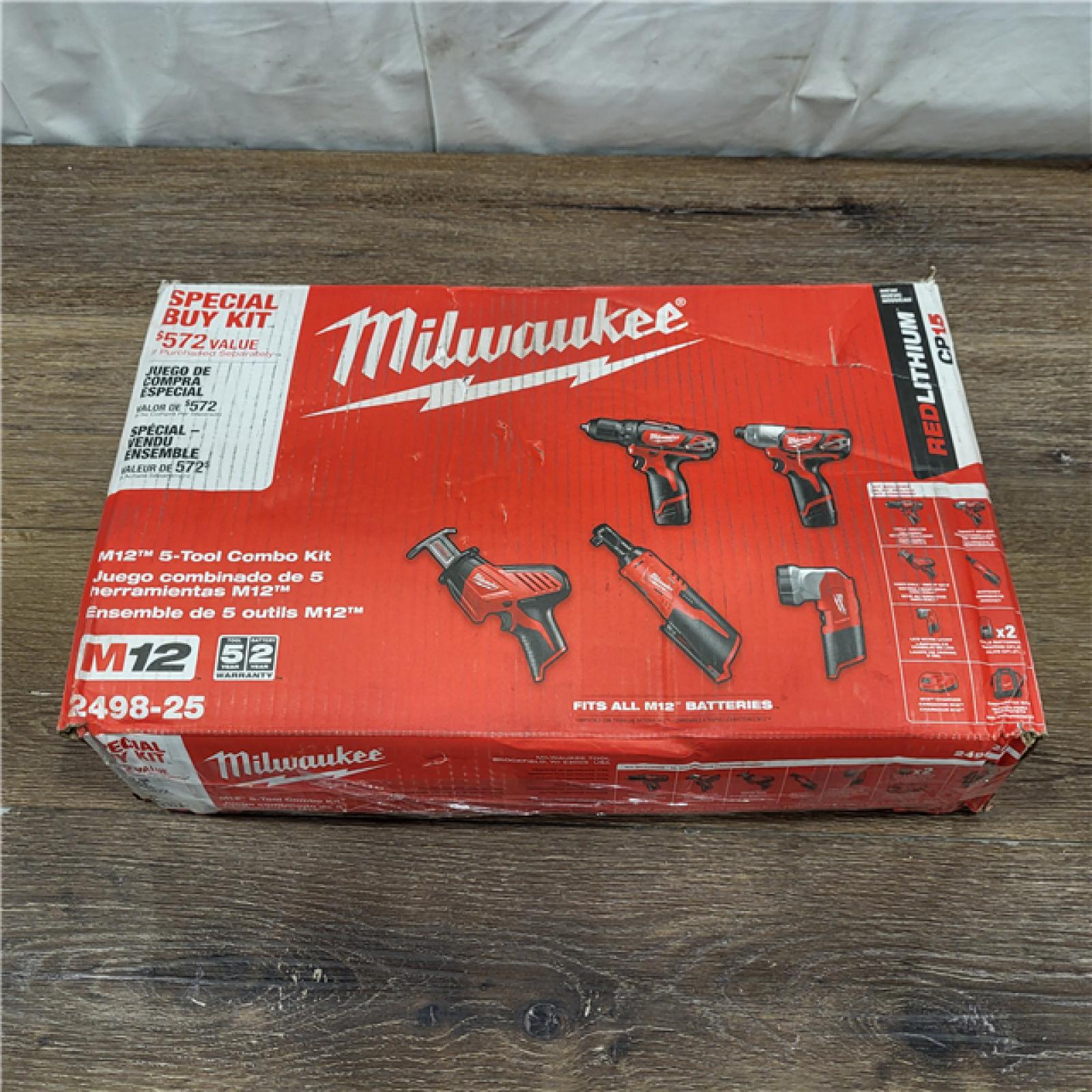 AS-IS MILWAUKEE M12 12V Lithium-Ion Cordless Combo Kit (5-Tool) with Two 1.5Ah Batteries, Charger & Tool Bag