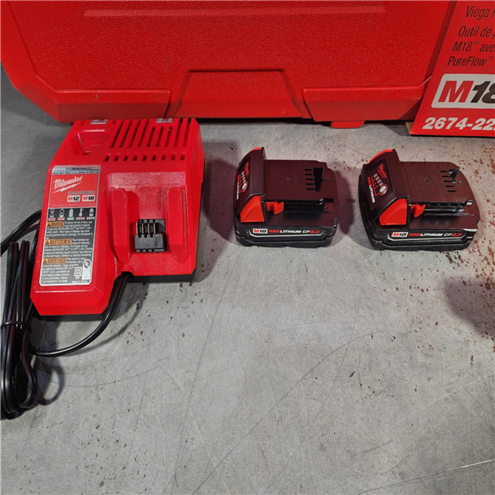 HOUSTON LOCATION - AS-IS (BRAND NEW) Milwaukee M18 18-Volt Lithium-Ion Cordless Short Throw PEX Press Tool Kit w/ (3) Viega PureFlow Jaws