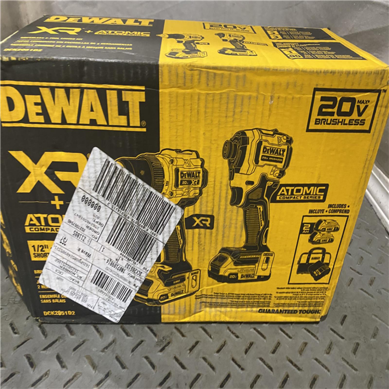 Houston location AS-IS DEWALT 20V MAX XR Cordless Drill/Driver, ATOMIC Impact Driver 2 Tool Combo Kit, (2) 2.0Ah Batteries, Charger, and Bag