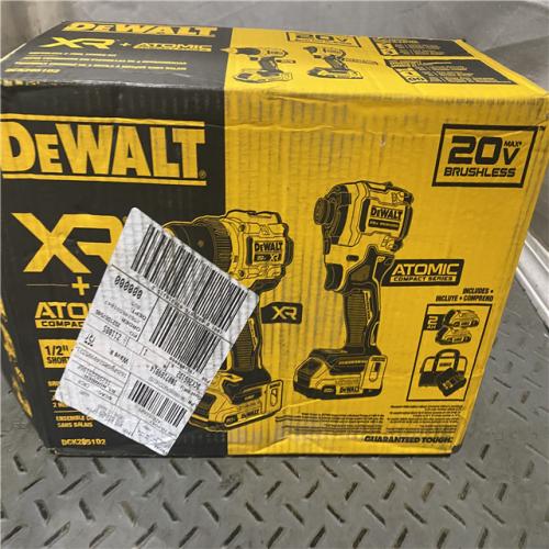 Houston location AS-IS DEWALT 20V MAX XR Cordless Drill/Driver, ATOMIC Impact Driver 2 Tool Combo Kit, (2) 2.0Ah Batteries, Charger, and Bag