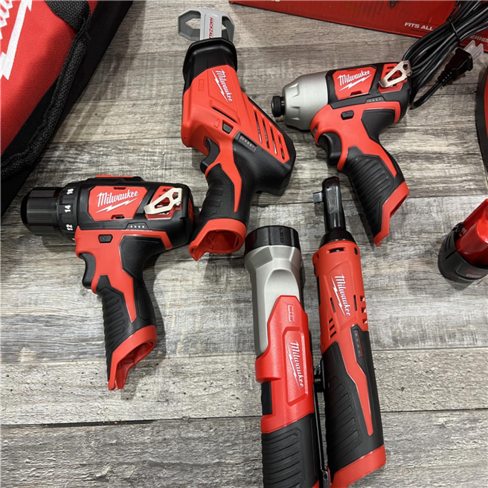 AS-IS MILWAUKEE M12 12V Lithium-Ion Cordless Combo Kit (5-Tool) with Two 1.5Ah Batteries, Charger & Tool Bag