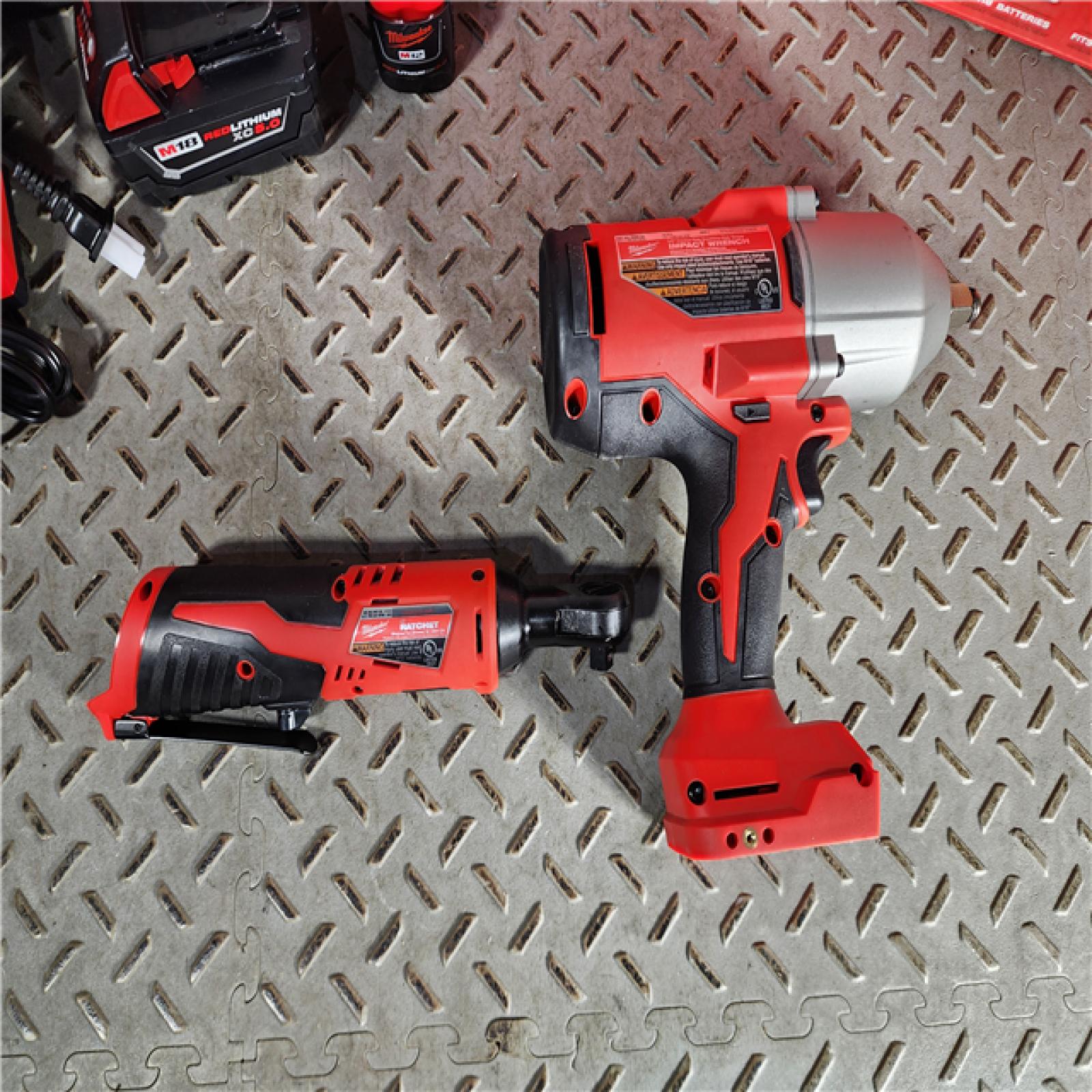 HOUSTON LOCATION - AS-IS (APPEARS LIKE NEW) M12/M18 12/18V Lithium-Ion Cordless 3/8 in. Ratchet and 1/2 in. High Torque Impact Wrench with Friction Ring Combo Kit