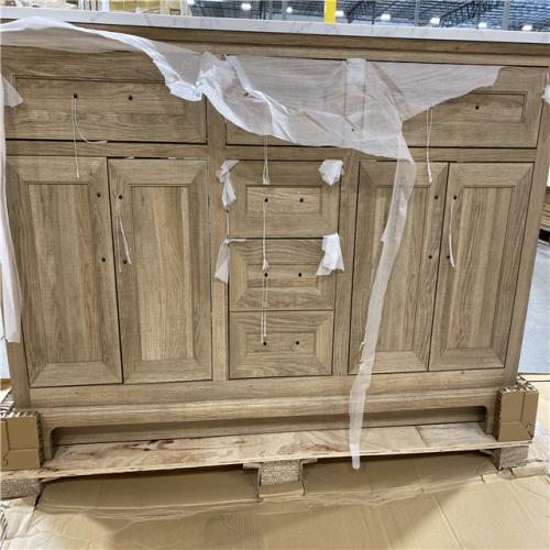 DALLAS LOCATION - Home Decorators Collection Doveton 60 in. Double Sink Freestanding Weathered Tan Bath Vanity with White Engineered Marble Top (Fully Assembled)