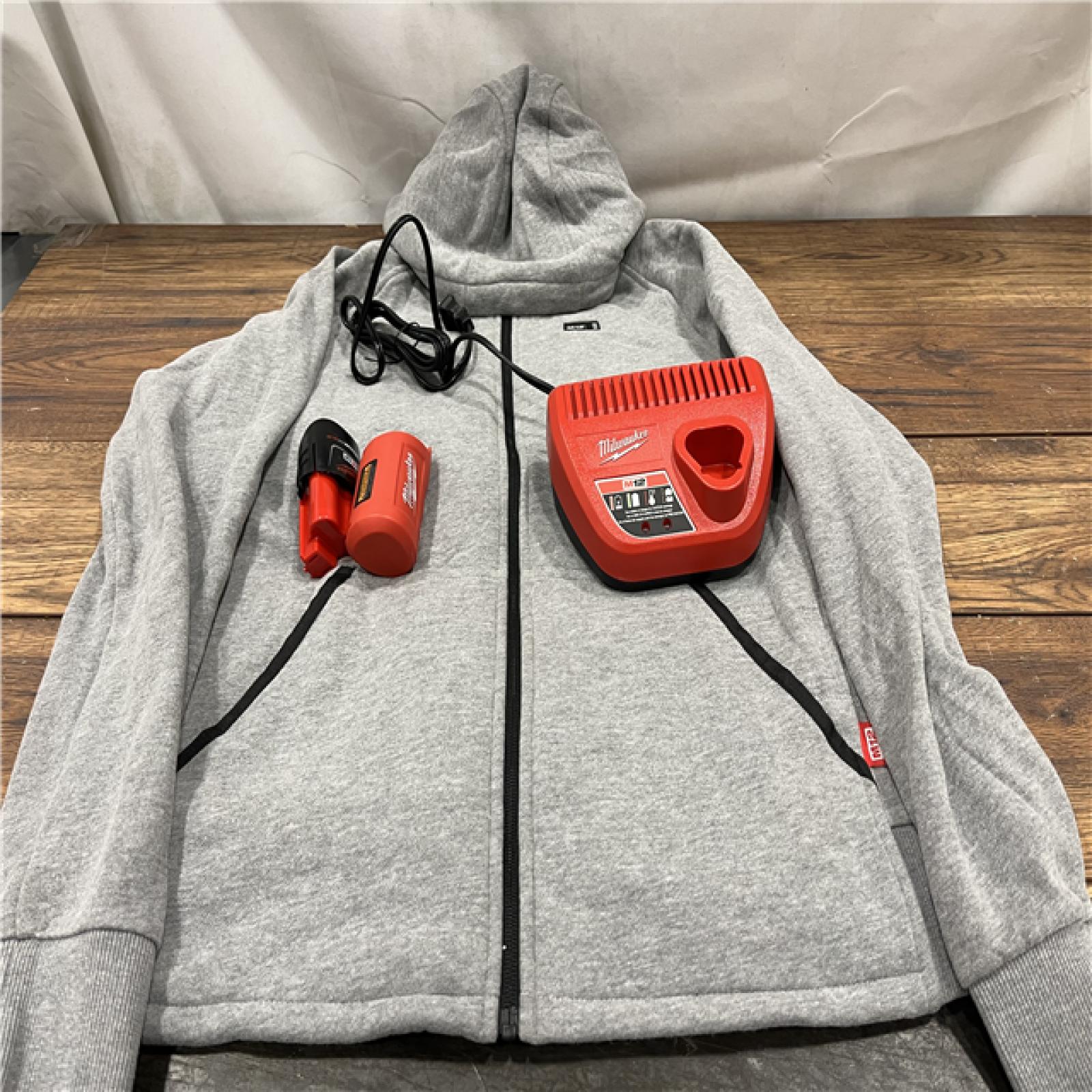 AS IS Milwaukee Women's Large M12 12-Volt Lithium-Ion Cordless Gray Heated Jacket Hoodie Kit with (1) 2.0 Ah Battery and Charger