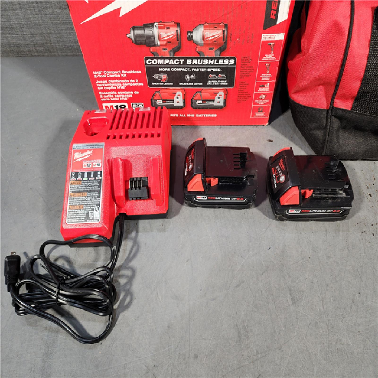 HOUSTON LOCATION - AS-IS M18 18V Lithium-Ion Brushless Cordless Compact Drill/Impact Combo Kit (2-Tool) W/(2) 2.0 Ah Batteries, Charger & Bag