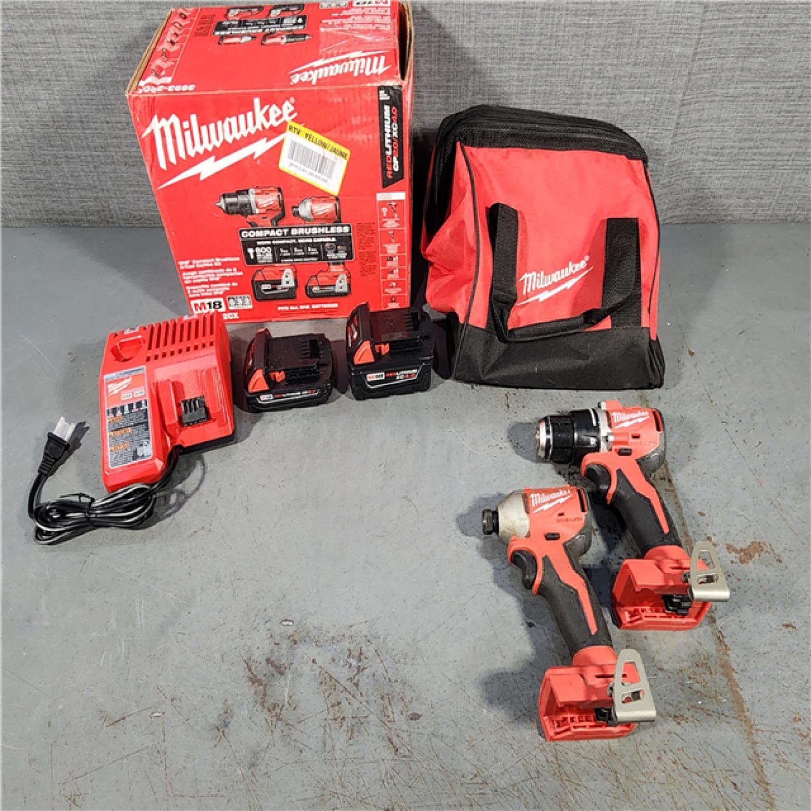 HOUSTON LOCATION - AS-IS M18 18-Volt Lithium-Ion Brushless Cordless Compact Hammer Drill/Impact Combo Kit (2-Tool) with (2) Batteries, Bag