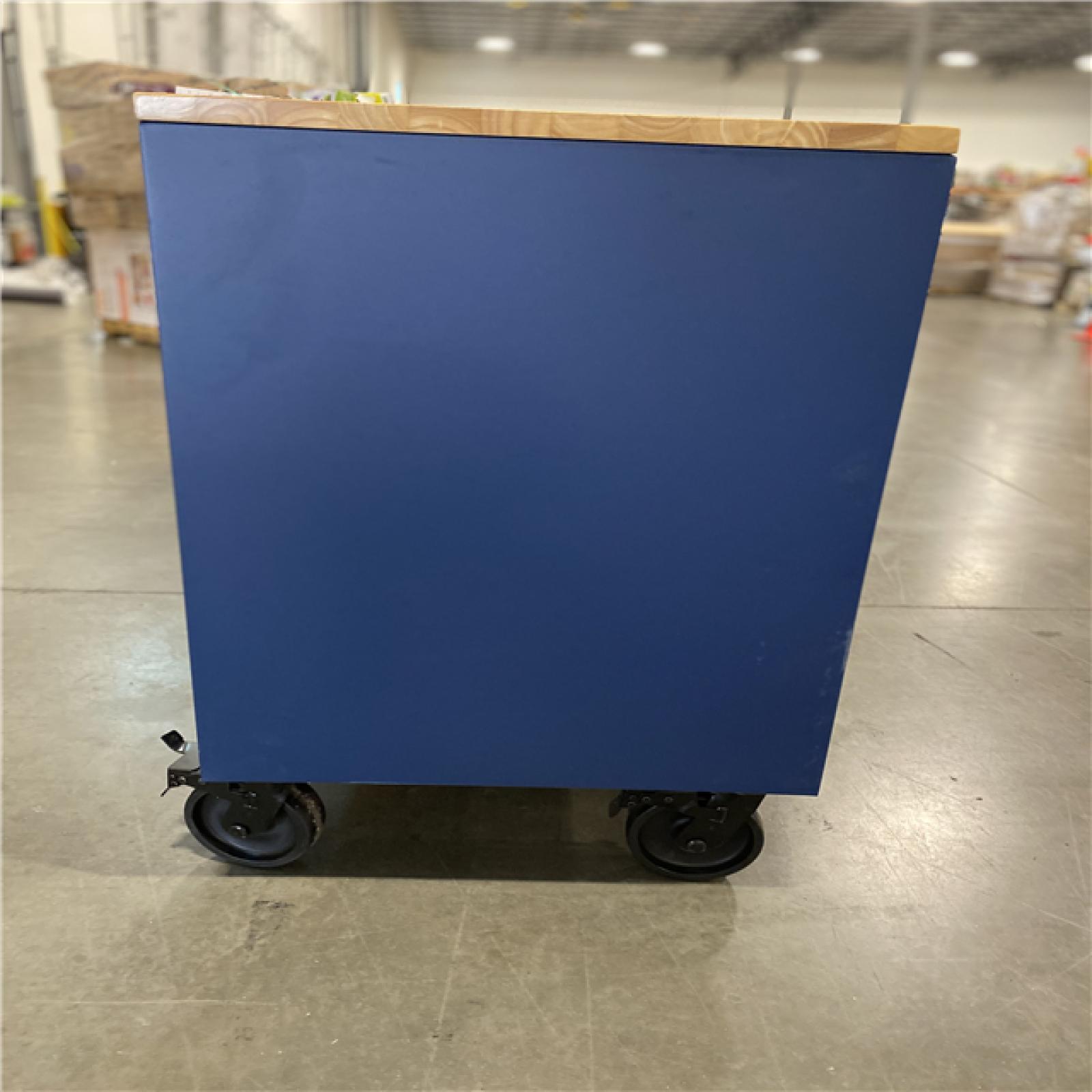 DALLAS LOCATION - Husky Tool Storage 72 in. W Heavy Duty Matte Blue Mobile Workbench Cabinet Adjustable Height Solid Wood Top