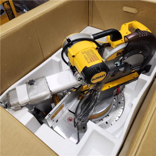 AS-IS DEWALT 15 Amp Corded 12 in. Double Bevel Sliding Compound Miter Saw, Blade Wrench and Material Clamp